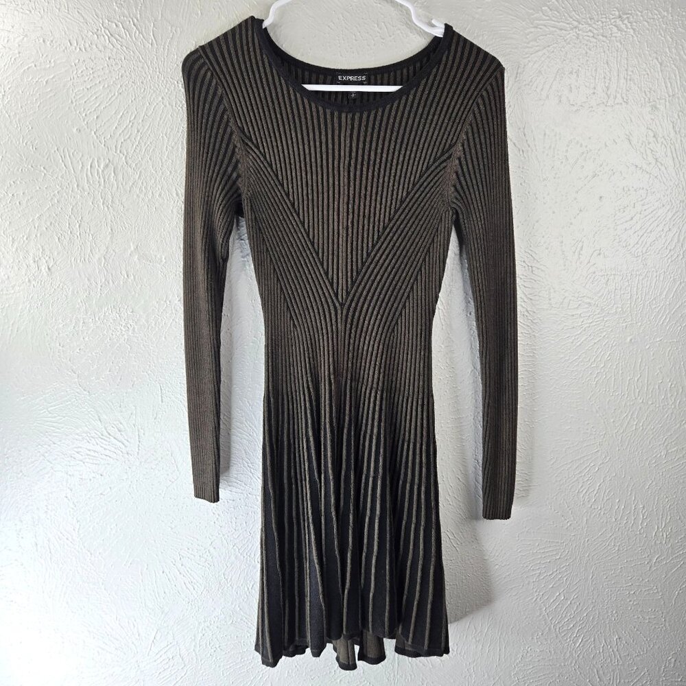 Express Dress Sz‎ mall Olive Green Black Ribbed Knit Long Sleeve Fit Flare Mini